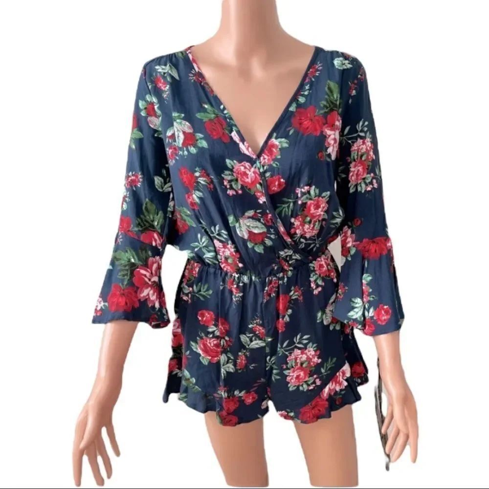 Ambiance Navy Red Floral Ruffle Romper MEDIUM